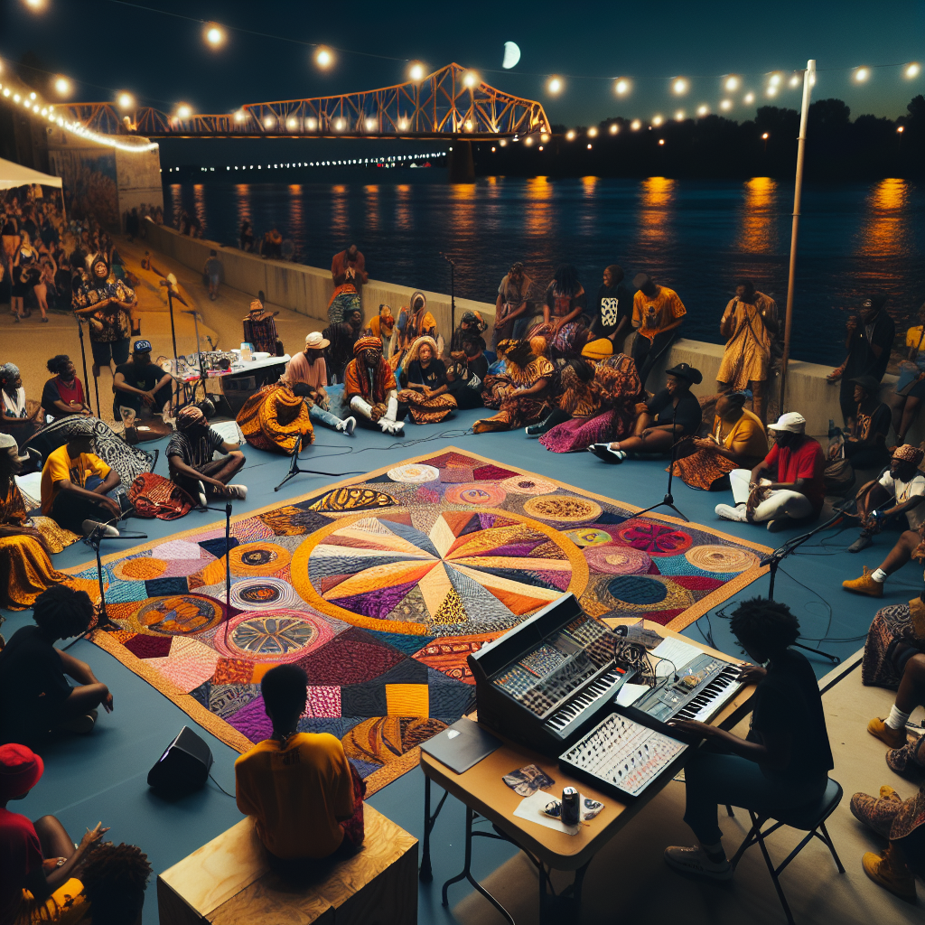 Crowd dancing around a circular stage glowing with amber light