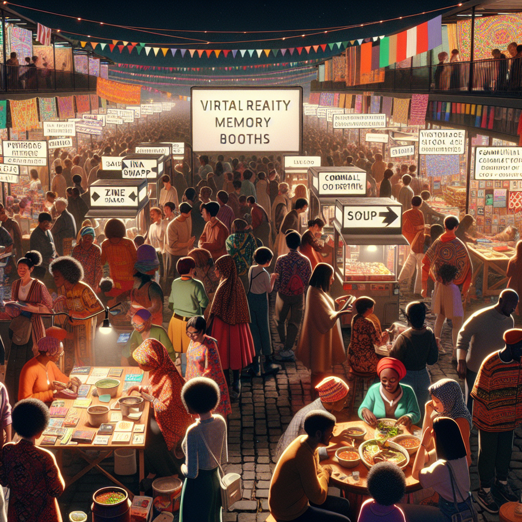 Vibrant market lights in purple and amber